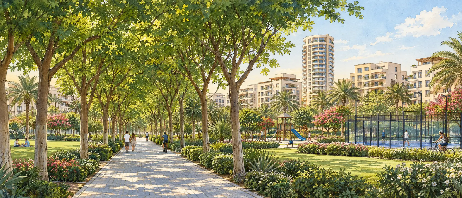 Illustration of a tree-lined park walkway in JVC with a playground, padel court and residential buildings