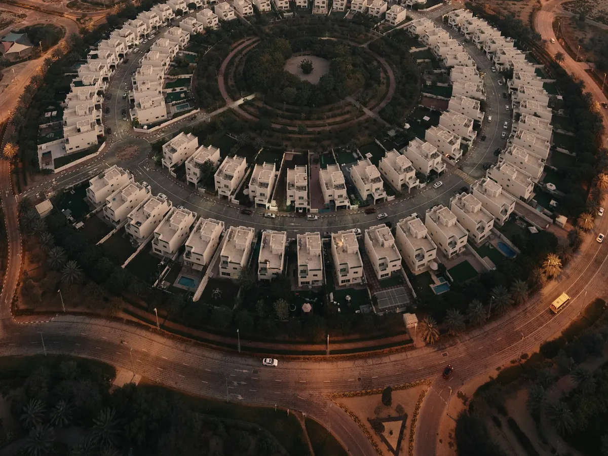 The Circle Villas at the heart of JVC, aerial photo at dusk
